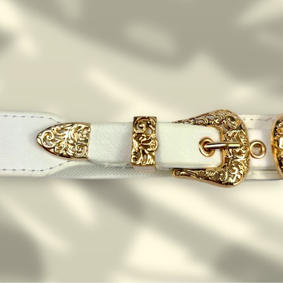 White & Gold Western Double Buckle Stretch Belt - Picture 4 of 5